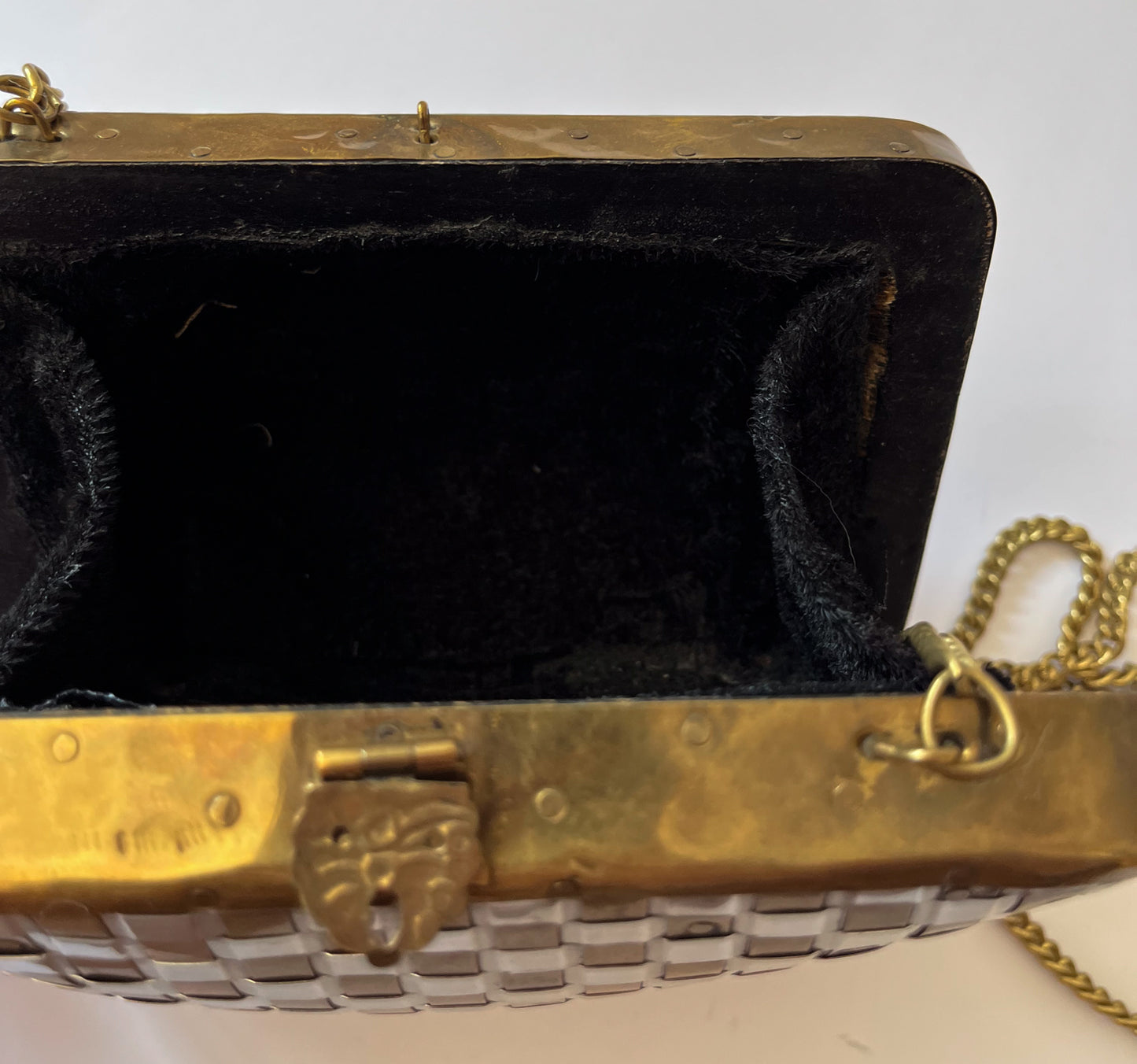 1970s Vintage Made in India Woven Brass and Silver Hammered Checkerboard Clutch Bag