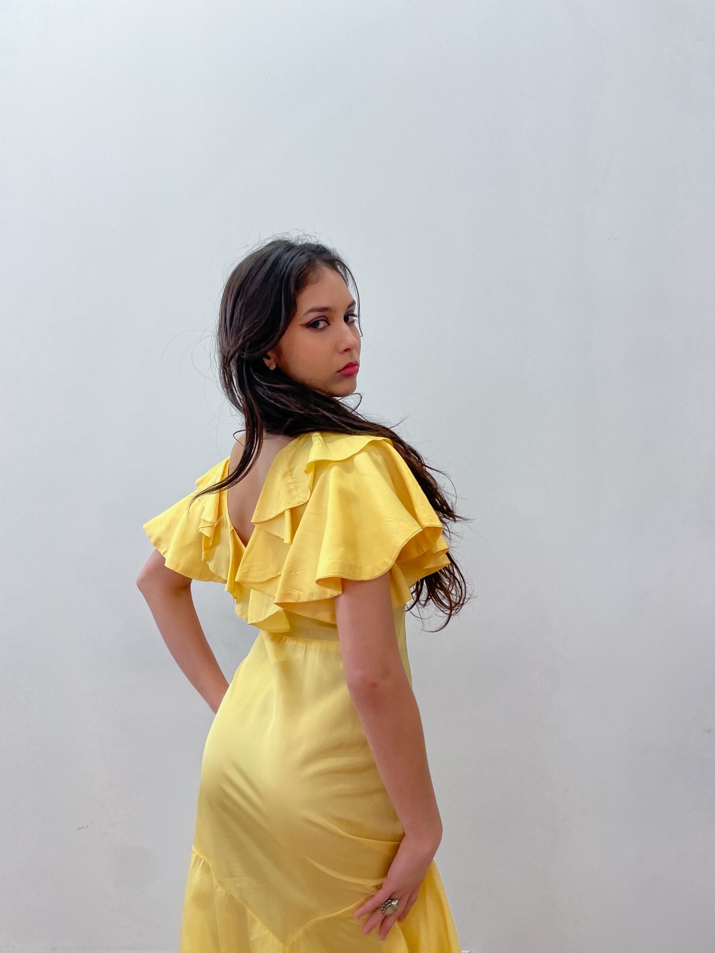 1930s Vintage Antique Buttercup Yellow Flutter Sleeve Bias Cut Crepe Rayon Gown