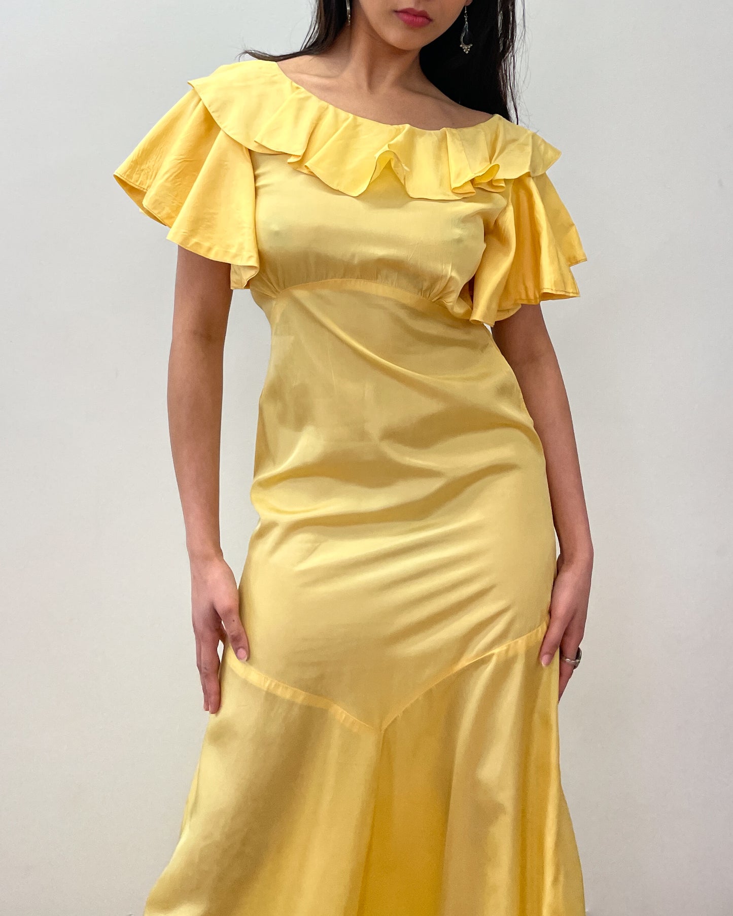1930s Vintage Antique Buttercup Yellow Flutter Sleeve Bias Cut Crepe Rayon Gown