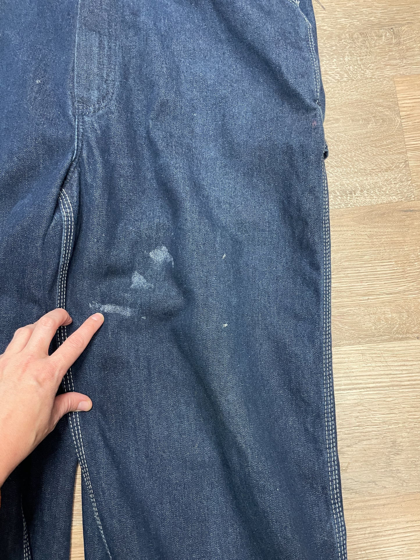 1980s Vintage Sears Roebucks Contrast Stitch Dark Blue Denim Overalls