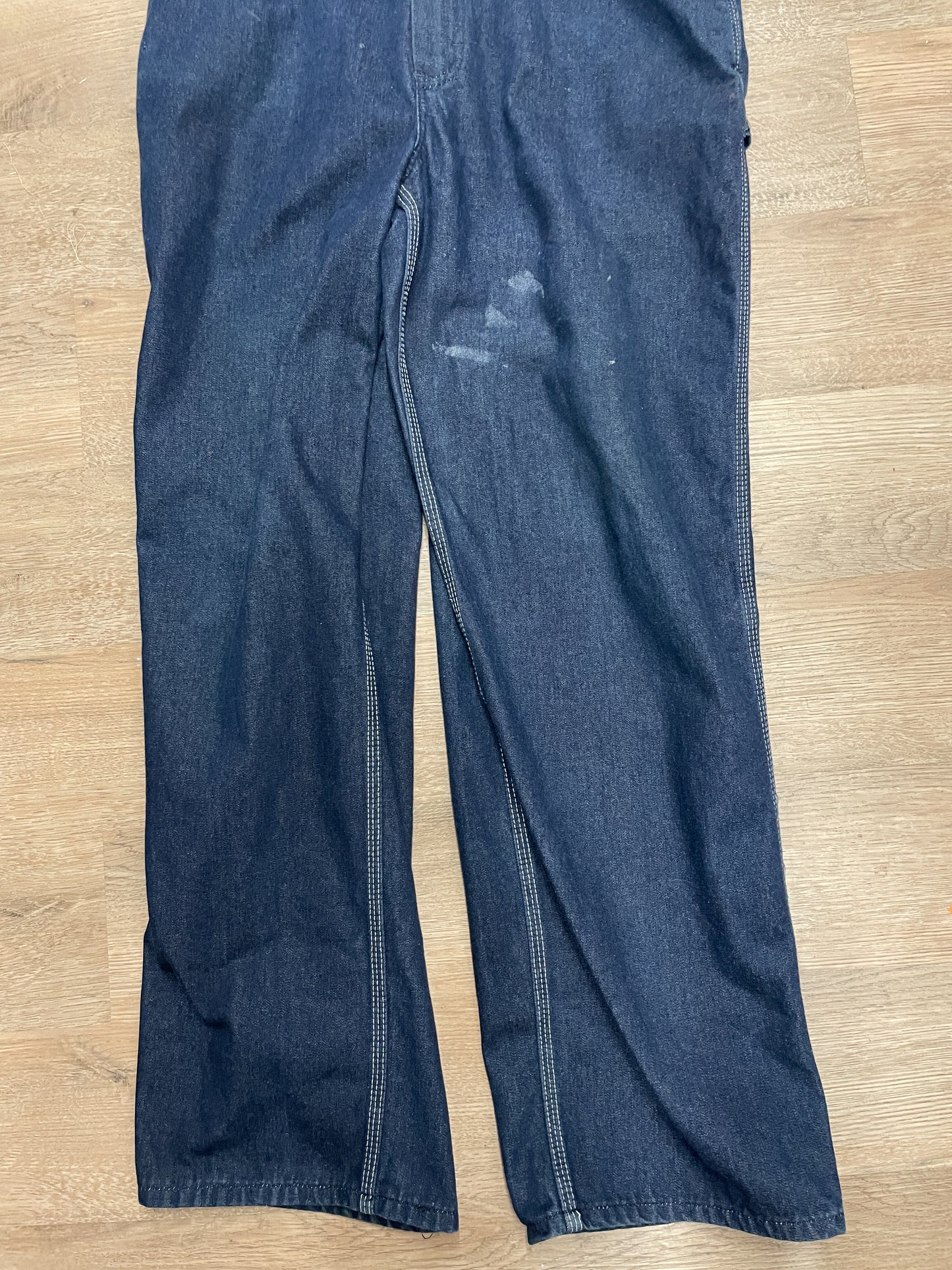 1980s Vintage Sears Roebucks Contrast Stitch Dark Blue Denim Overalls