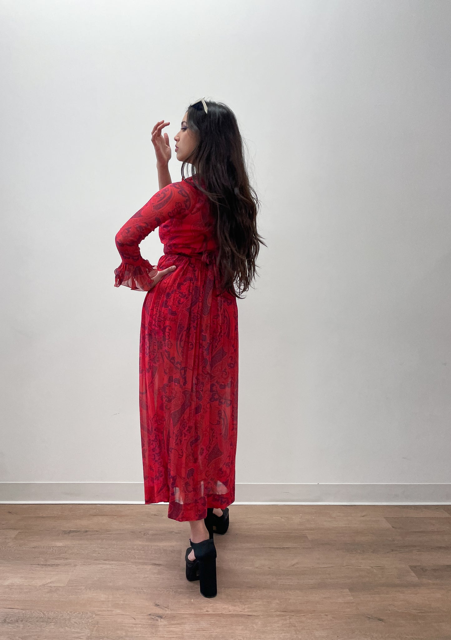 1970s Vintage Red and Purple Paisley Sheer Chiffon Dress & Hot Pants Outfit