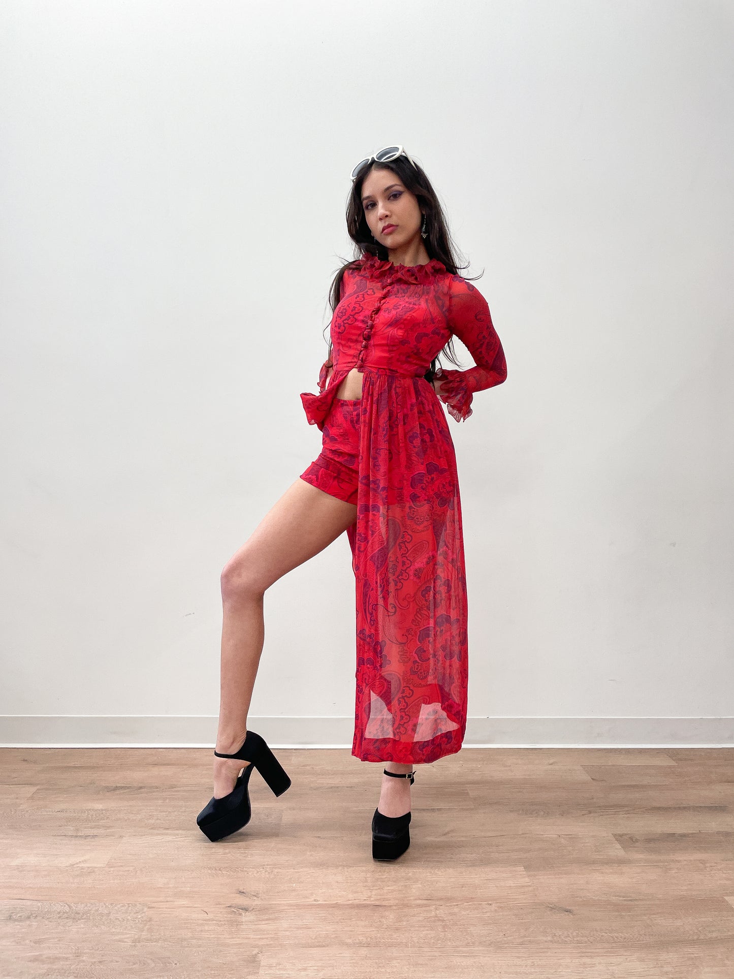 1970s Vintage Red and Purple Paisley Sheer Chiffon Dress & Hot Pants Outfit