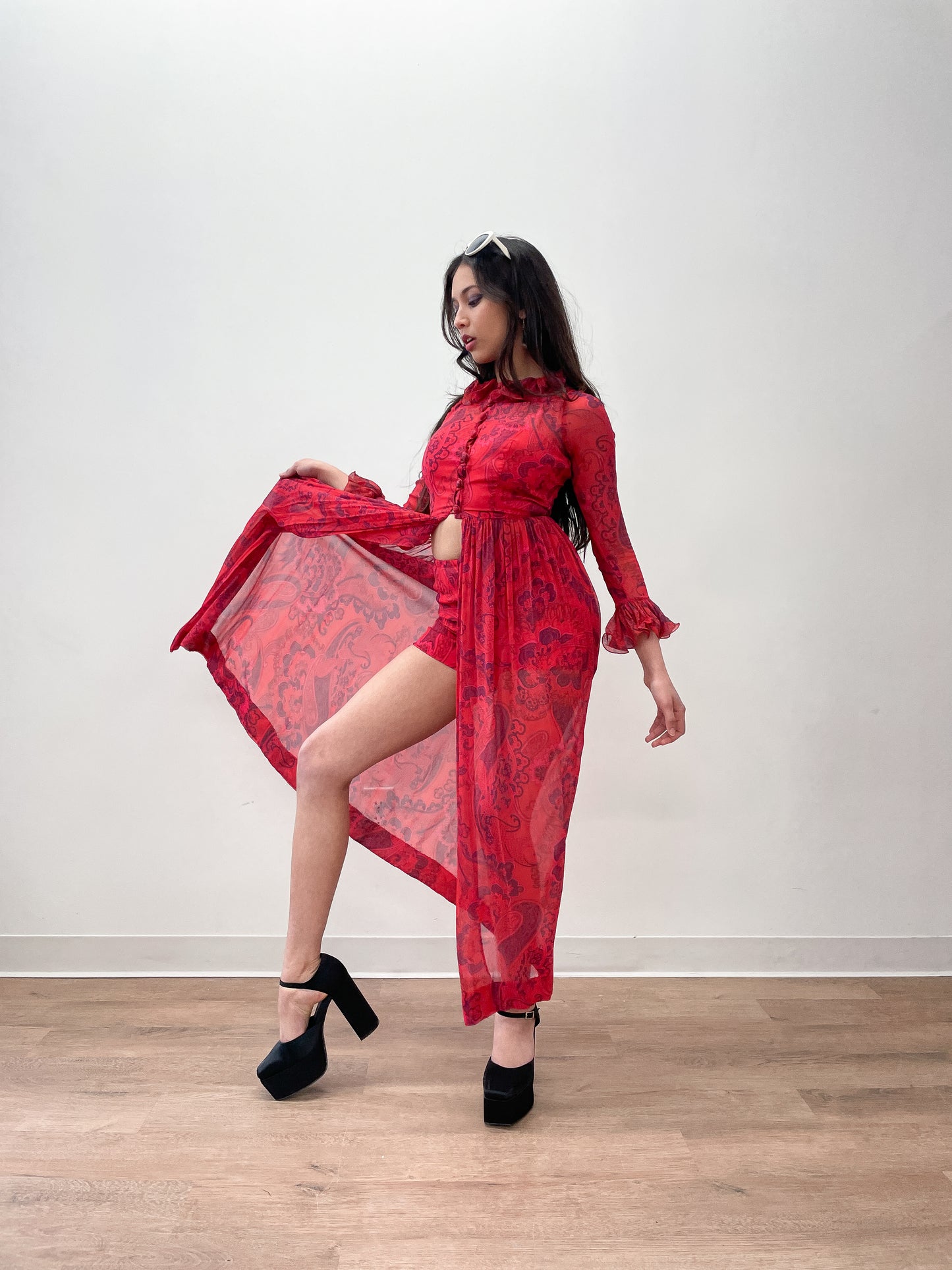 1970s Vintage Red and Purple Paisley Sheer Chiffon Dress & Hot Pants Outfit
