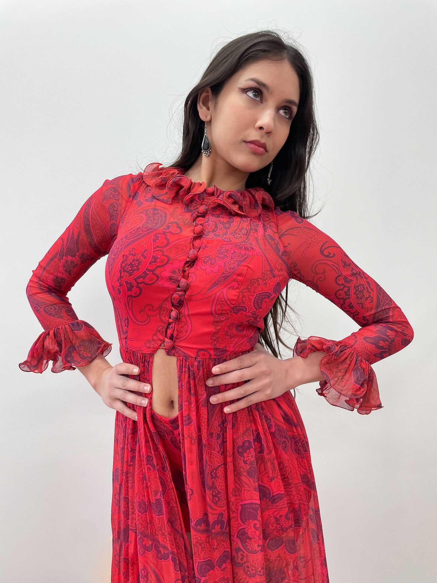 1970s Vintage Red and Purple Paisley Sheer Chiffon Dress & Hot Pants Outfit