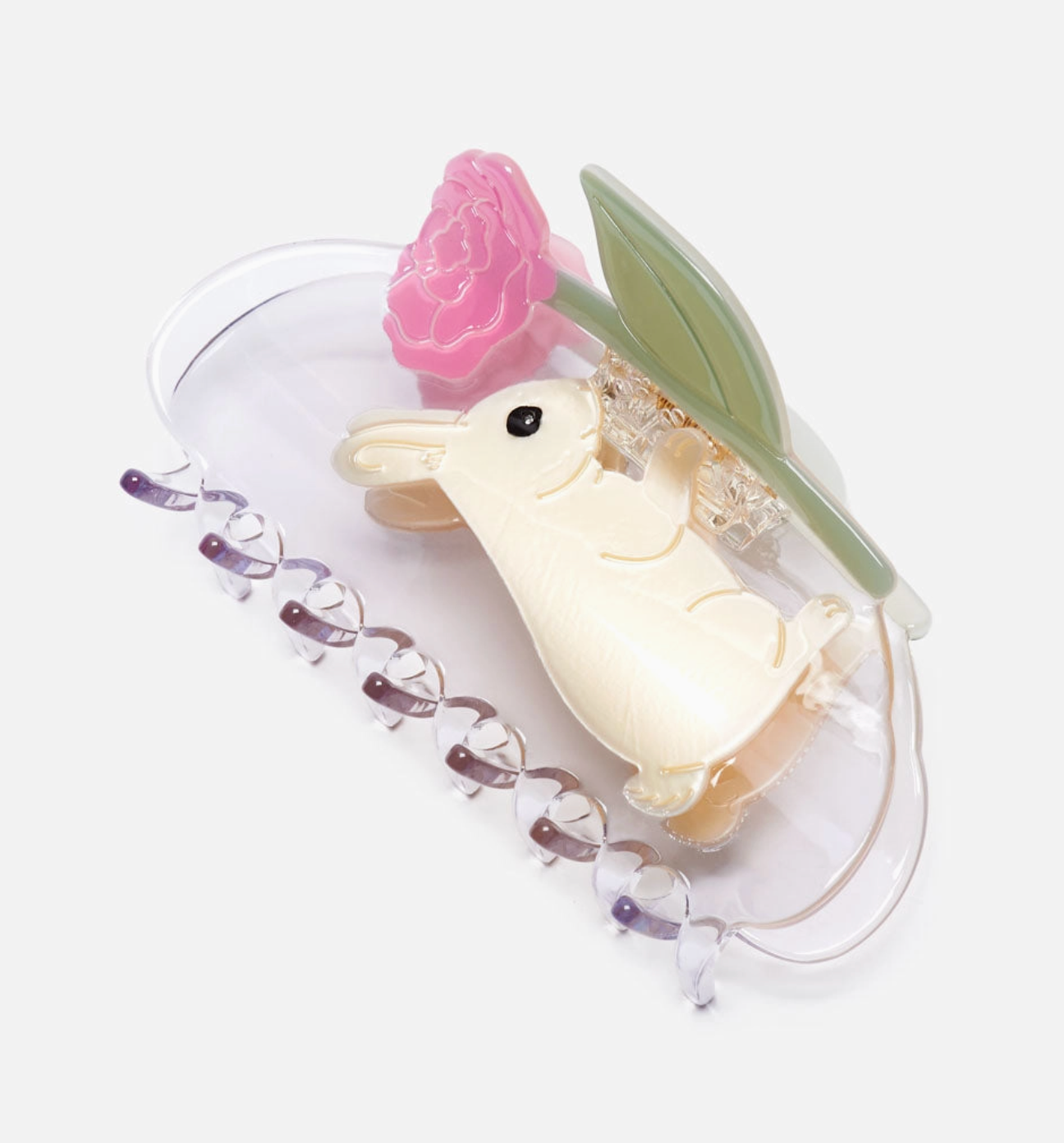 Cream Bunny Rabbit with Pink Peony Flower Acetate Hair Claw by Winona Irene