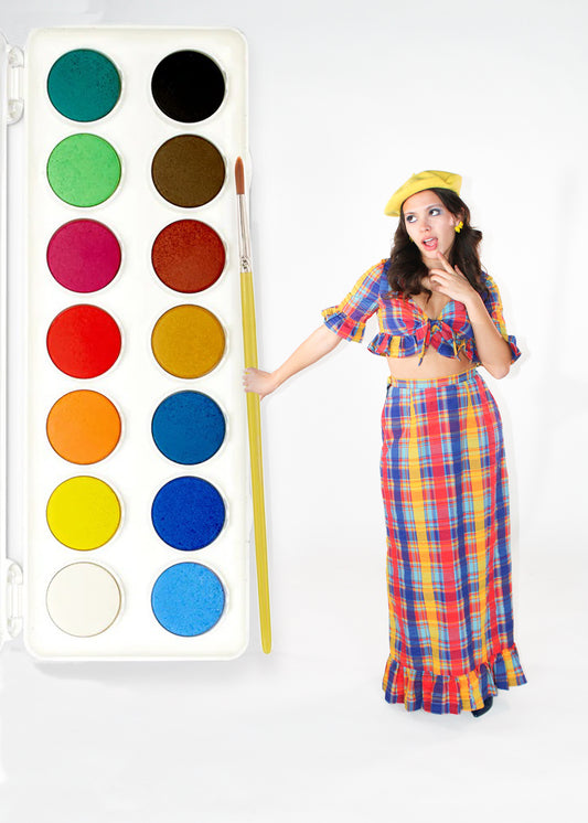 1960s/1970s Vintage Handmade Madras Cotton Colorful Plaid Two Piece Set