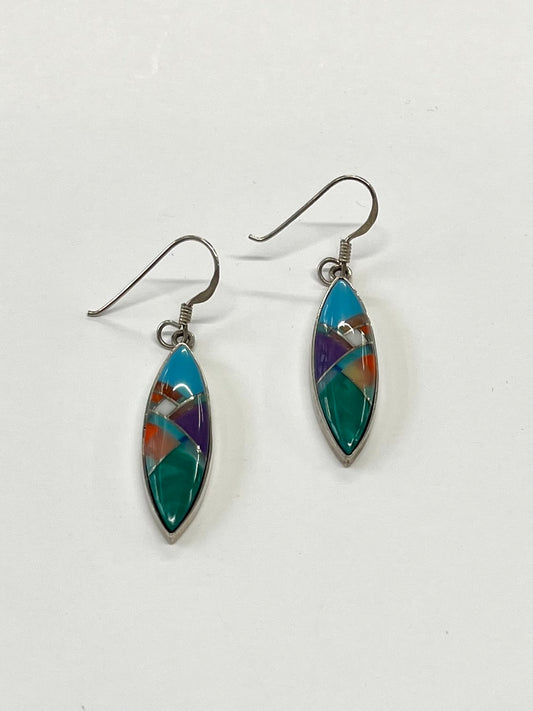 1990s Vintage Sterling Silver Stone Inlay Earrings
