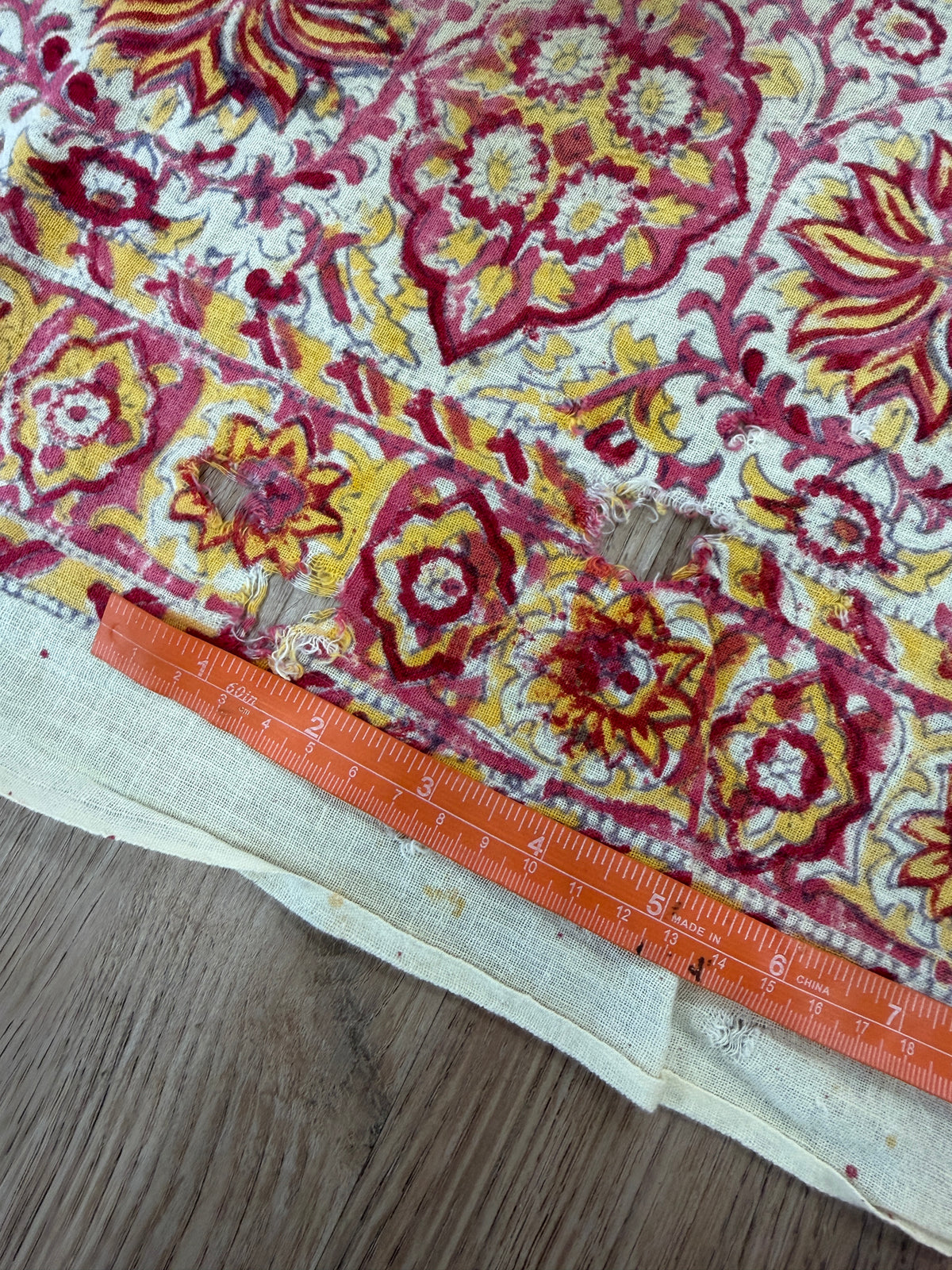 1970s Vintage Indian Cotton Hand Block Printed Uncut Fabric Yardage - Red / Pink / Yellow Lotus Flower - 64" x 100" (#2)
