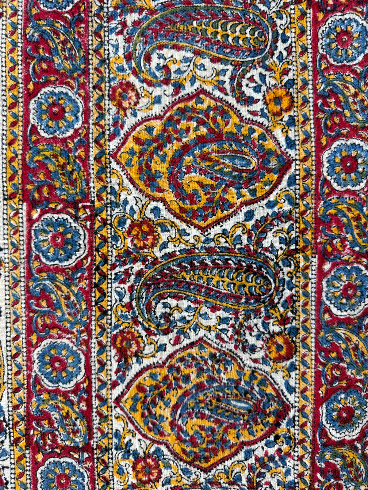 1970s Vintage Indian Cotton Hand Block Printed Uncut Fabric Yardage - Red / Yellow / Blue / Paisley - 98" x 64" (#5)