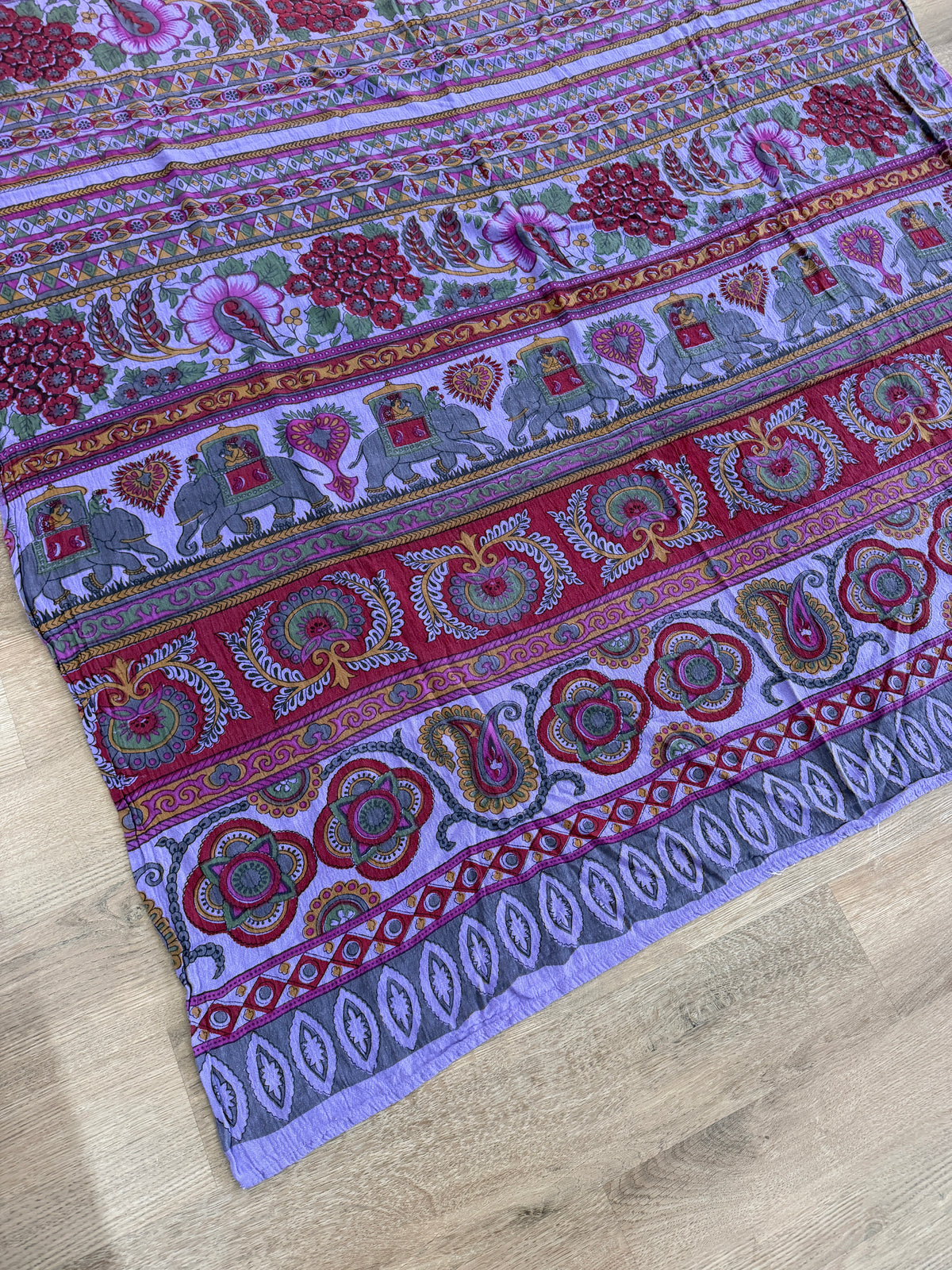 1970s Vintage Indian Cotton Hand Block Printed Uncut Fabric Yardage - Bright Purple Elephants - 64" x 96" (#12)
