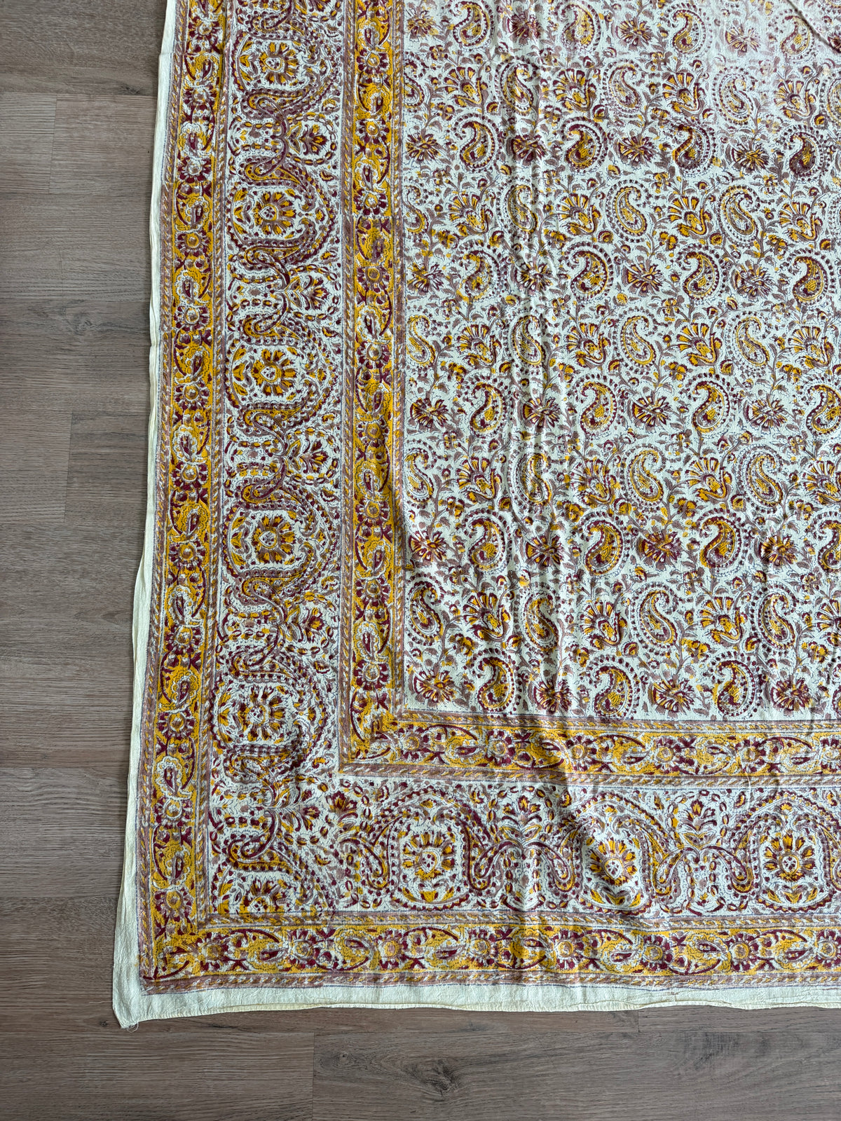 1970s Vintage Indian Cotton Hand Block Printed Uncut Fabric Yardage - Burgundy / Yellow / Paisley- 82" x 100" (#3)
