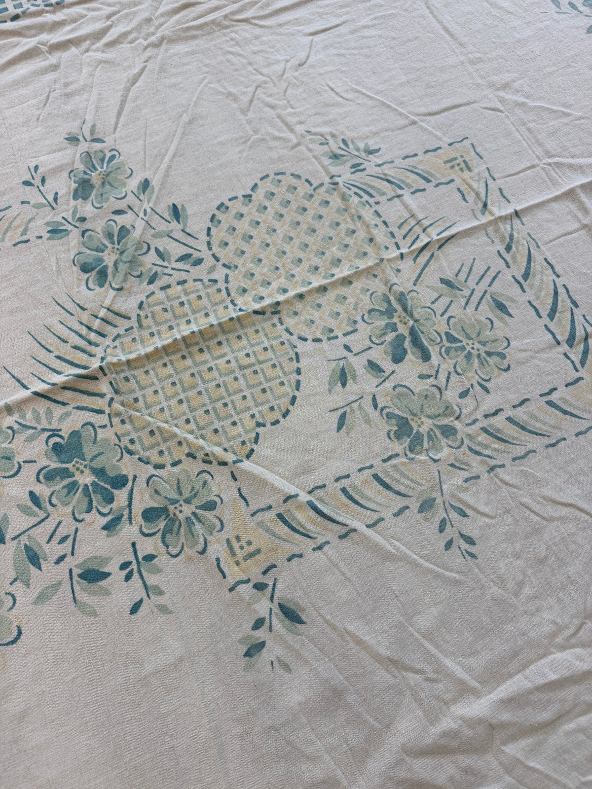1940s - 1950s Vintage Indian Cotton Hand Block Printed Uncut Fabric Yardage - Cream / Robin's Egg Blue / Abstract Basket Florals - 80” x 96" (#9)