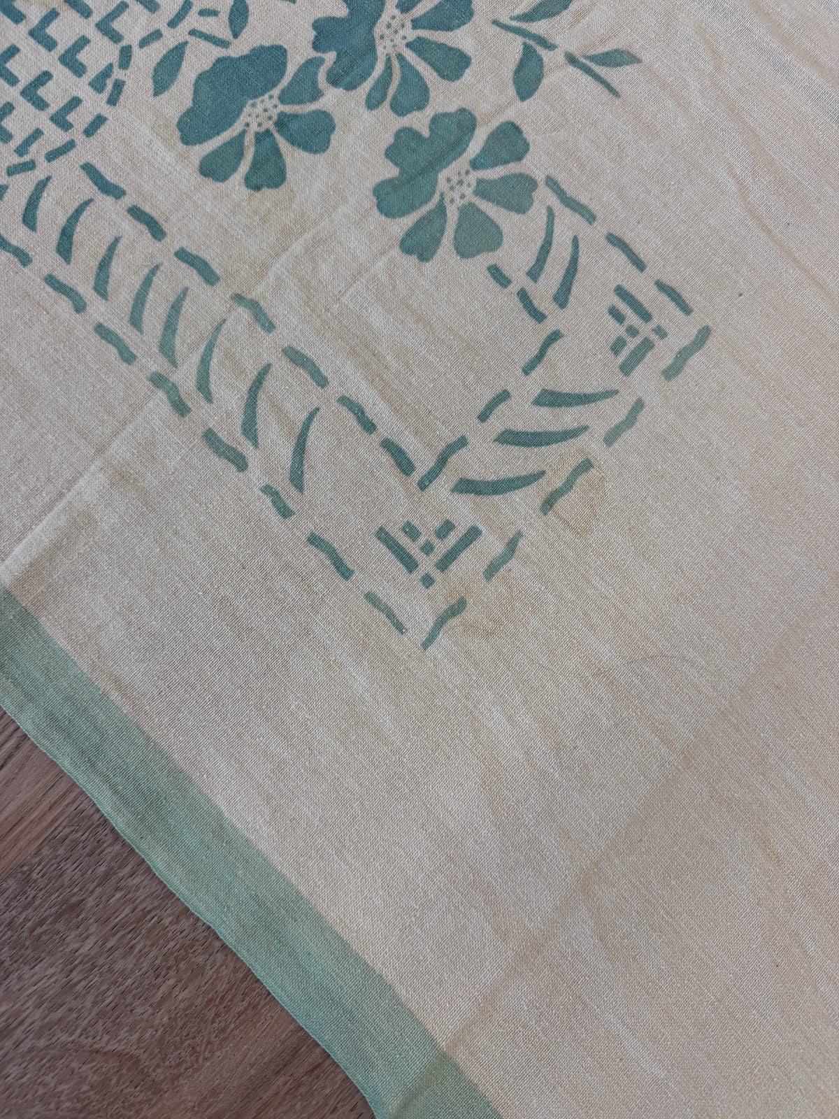 1940s - 1950s Vintage Indian Cotton Hand Block Printed Uncut Fabric Yardage - Cream / Robin's Egg Blue / Abstract Basket Florals - 80” x 96" (#9)