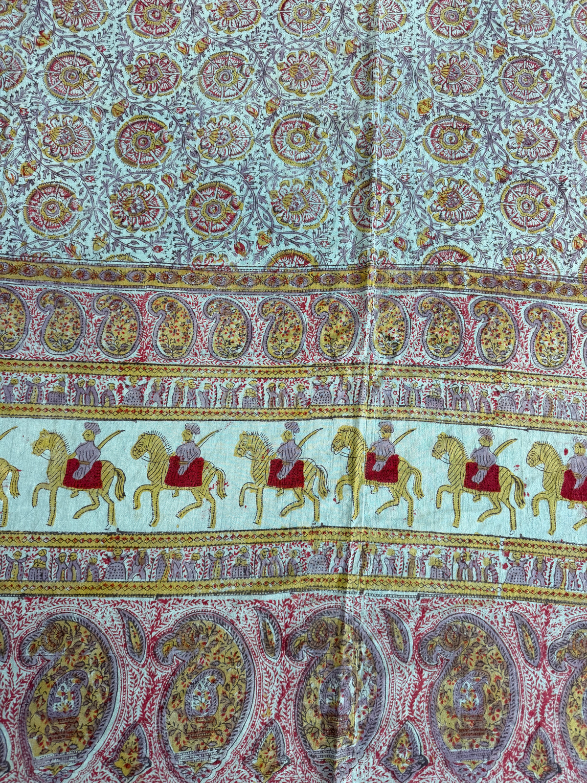 1970s Vintage Indian Cotton Hand Block Printed Uncut Fabric Yardage - Teal / Burgundy / Paisley / People / Horses Motifs -96" x 80" (#13)