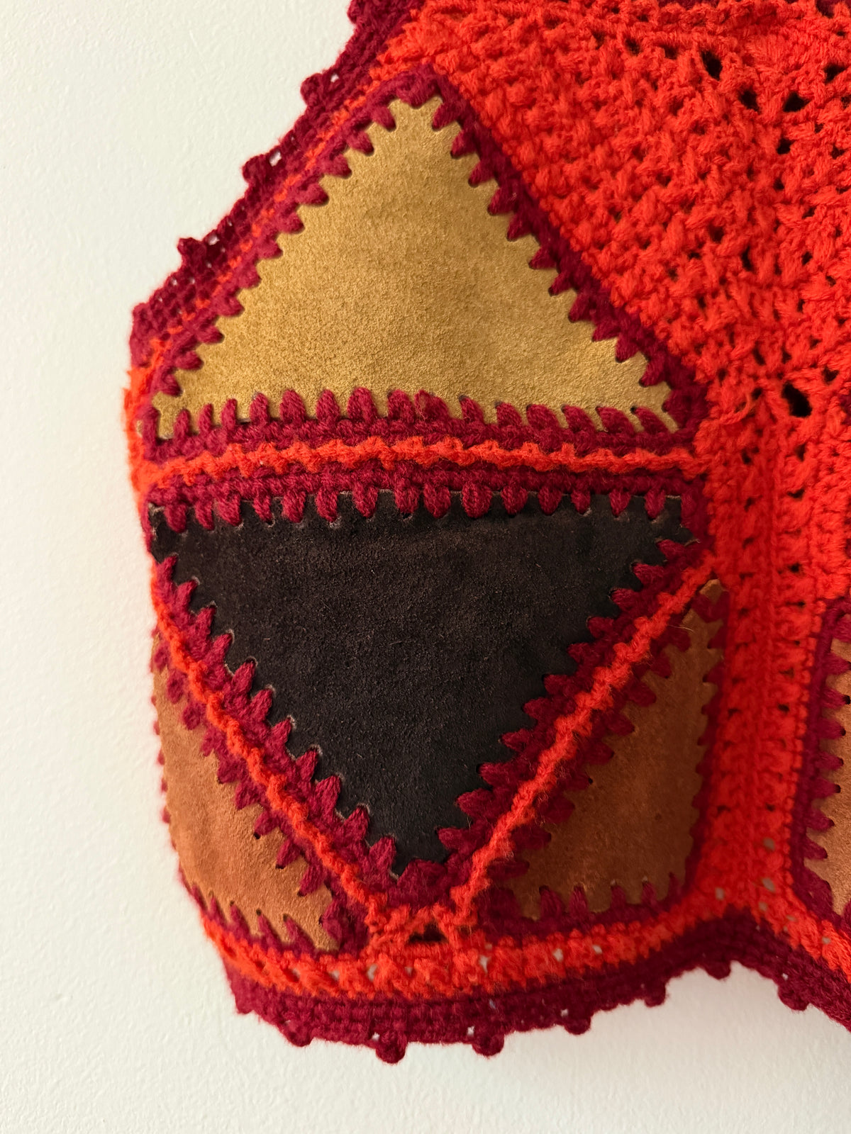 1970s Vintage Red and Orange Knitted Suede  Patchwork Vest