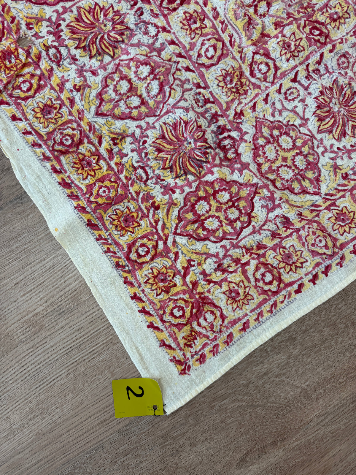 1970s Vintage Indian Cotton Hand Block Printed Uncut Fabric Yardage - Red / Pink / Yellow Lotus Flower - 64" x 100" (#2)