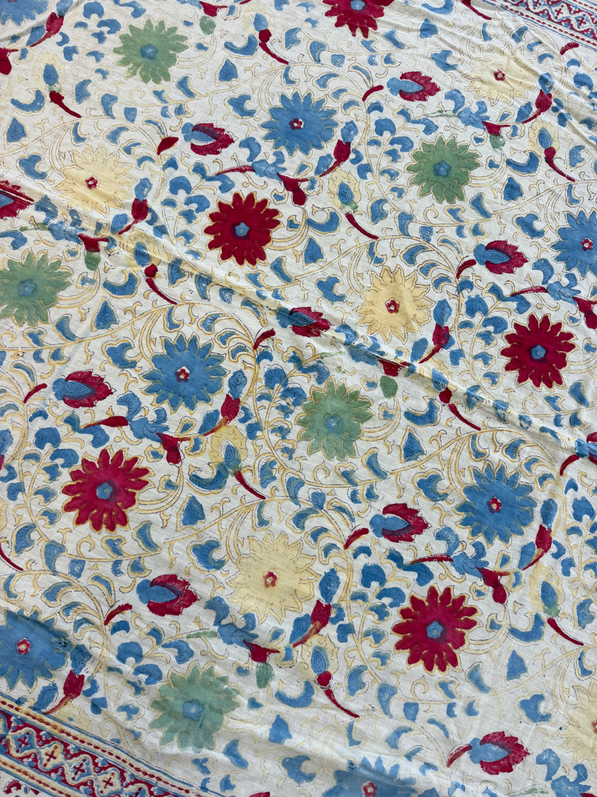 1970s Vintage Indian Cotton Hand Block Printed Uncut Fabric Yardage - Red / Cream / Blue / Green Large Blooms - 66" x 98" (#6)
