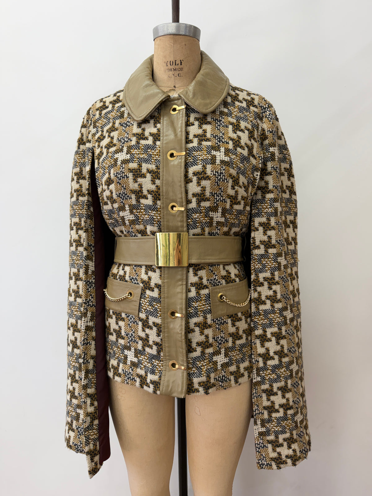 1960s Vintage Mod Wool Chain Belted Capelette Coat with Cape Over
