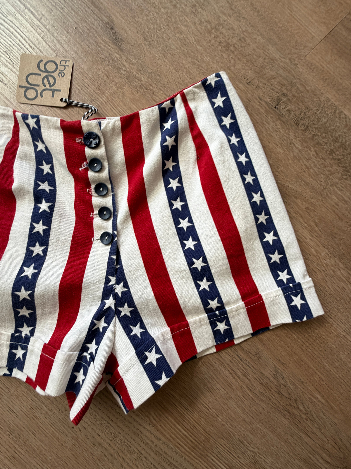 1970s Vintage Hand Sewn American Flag Stars & Stripes High Rise Cotton Shorts