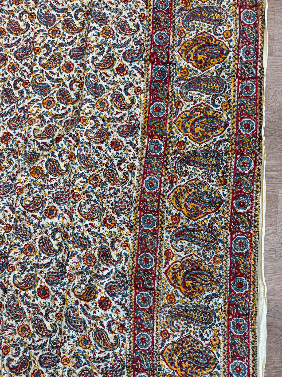 1970s Vintage Indian Cotton Hand Block Printed Uncut Fabric Yardage - Red / Yellow / Blue / Paisley - 98" x 64" (#5)