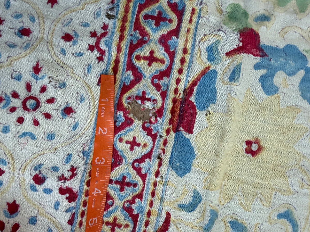 1970s Vintage Indian Cotton Hand Block Printed Uncut Fabric Yardage - Red / Cream / Blue / Green Large Blooms - 66" x 98" (#6)