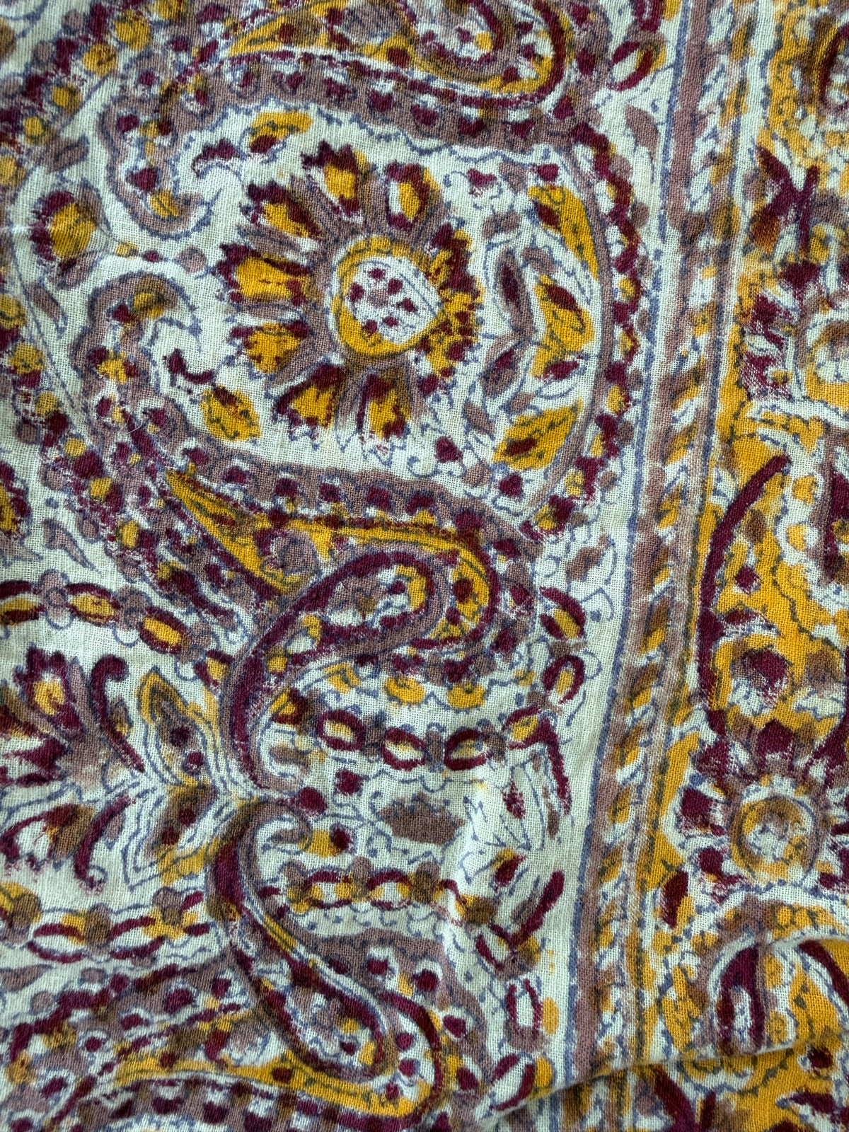 1970s Vintage Indian Cotton Hand Block Printed Uncut Fabric Yardage - Burgundy / Yellow / Paisley- 82" x 100" (#3)