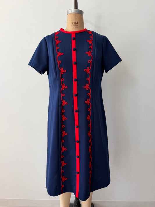 1970s Vintage Mod Navy w/ Red Scalloped Trim A-Line Dress