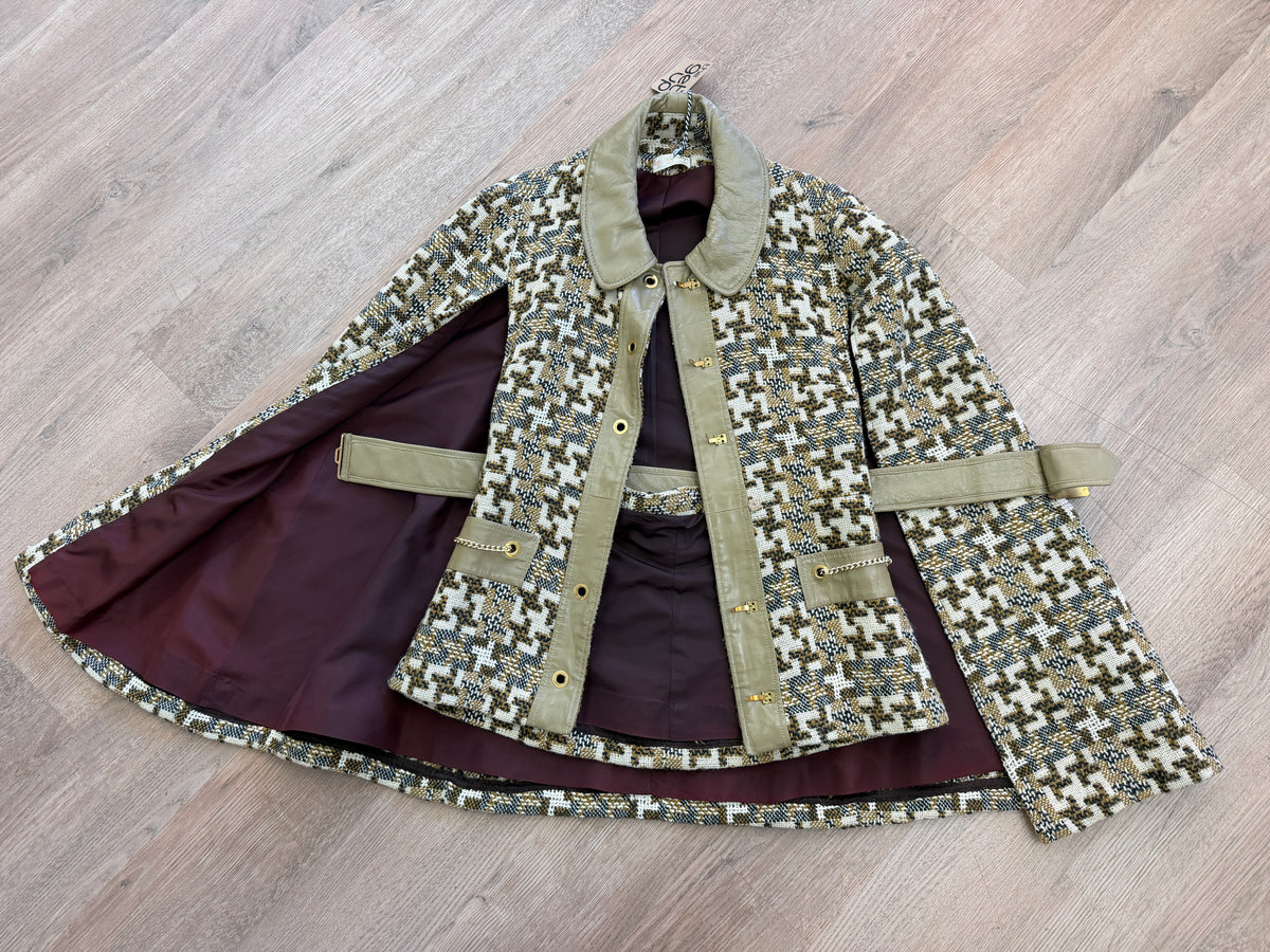 1960s Vintage Mod Wool Chain Belted Capelette Coat with Cape Over