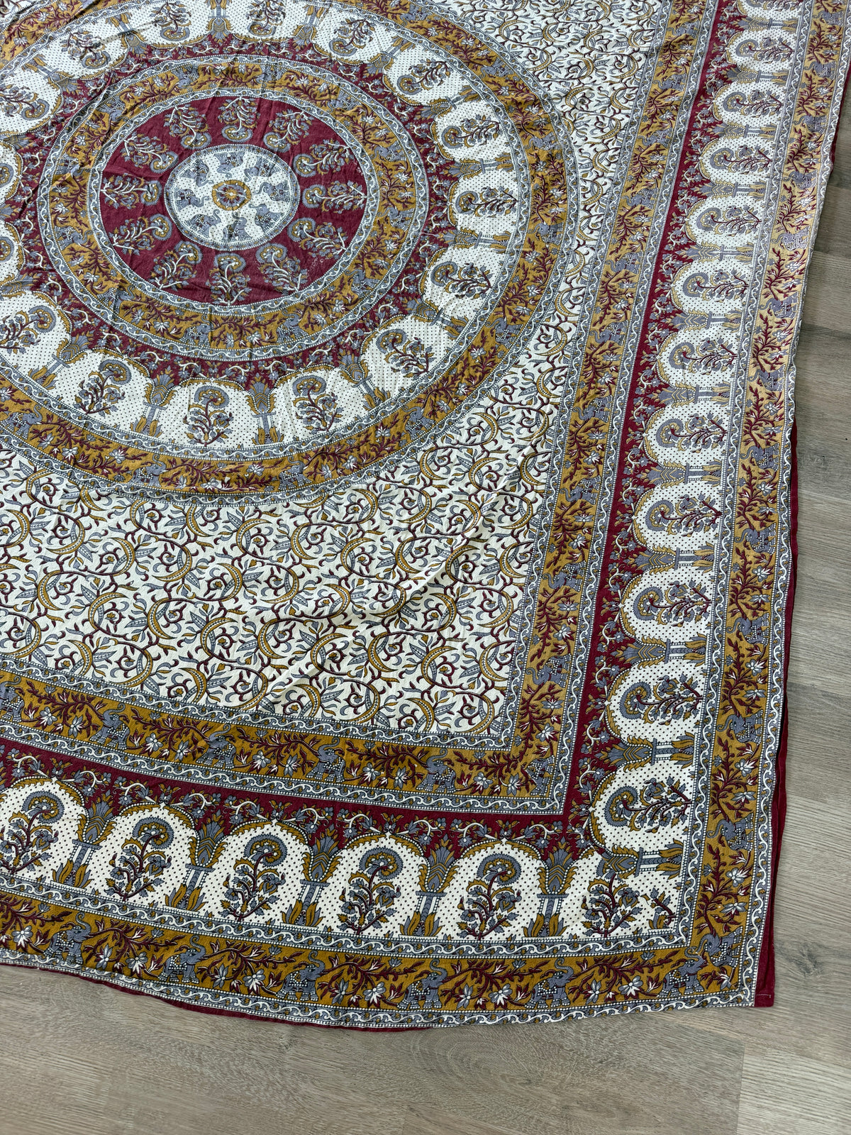 1970s Vintage Indian Cotton Hand Block Printed Uncut Fabric Yardage - Mustard / Gray / Elephants - 156" x 92" (#1)