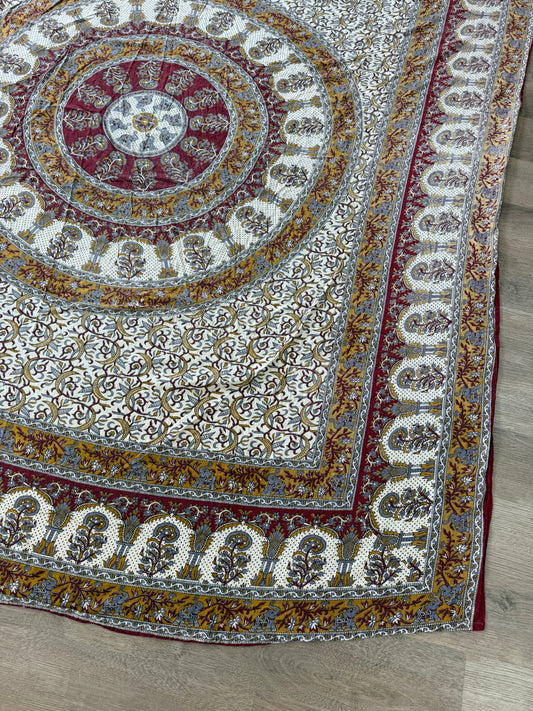 1970s Vintage Indian Cotton Hand Block Printed Uncut Fabric Yardage - Mustard / Gray / Elephants - 156" x 92" (#1)