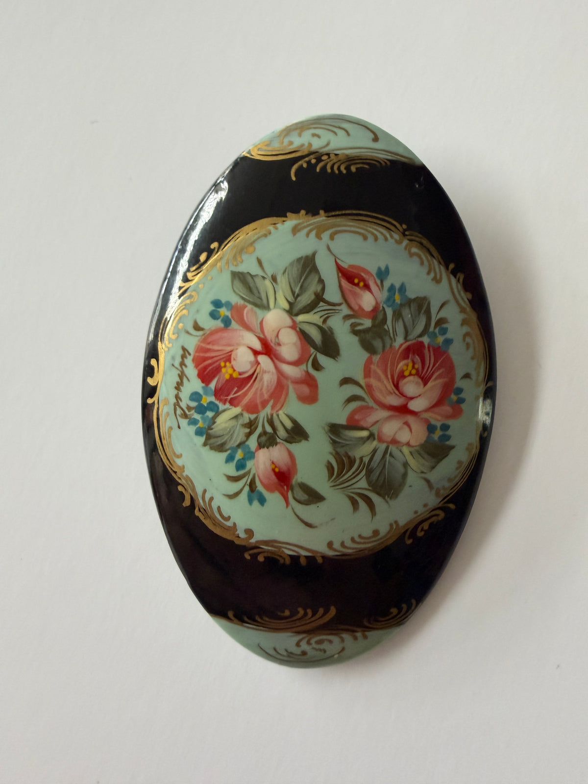 1990s Vintage Painted Wood Floral Oval Brooch