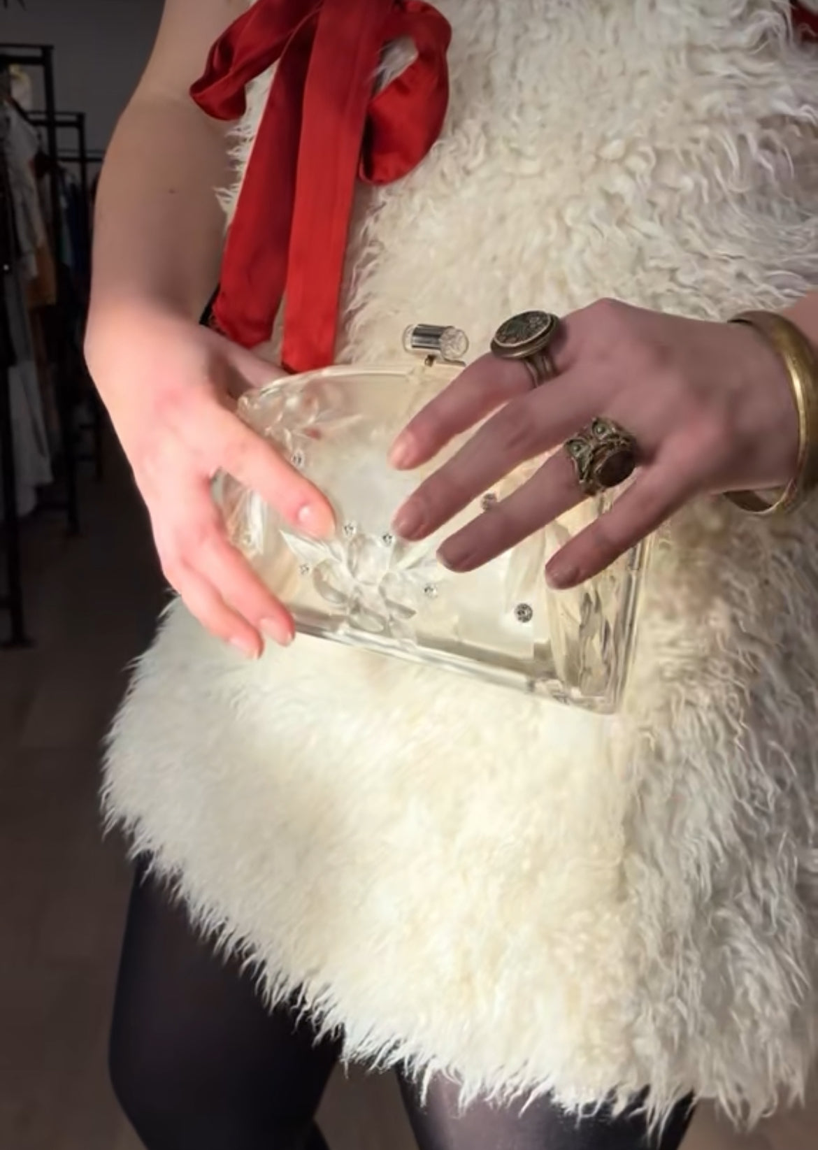 1950s Vintage Clear Lucite Carved Berries with Rhinestones Holiday Clamshell Clutch