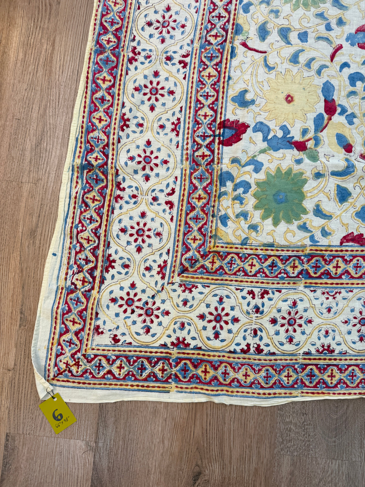 1970s Vintage Indian Cotton Hand Block Printed Uncut Fabric Yardage - Red / Cream / Blue / Green Large Blooms - 66" x 98" (#6)