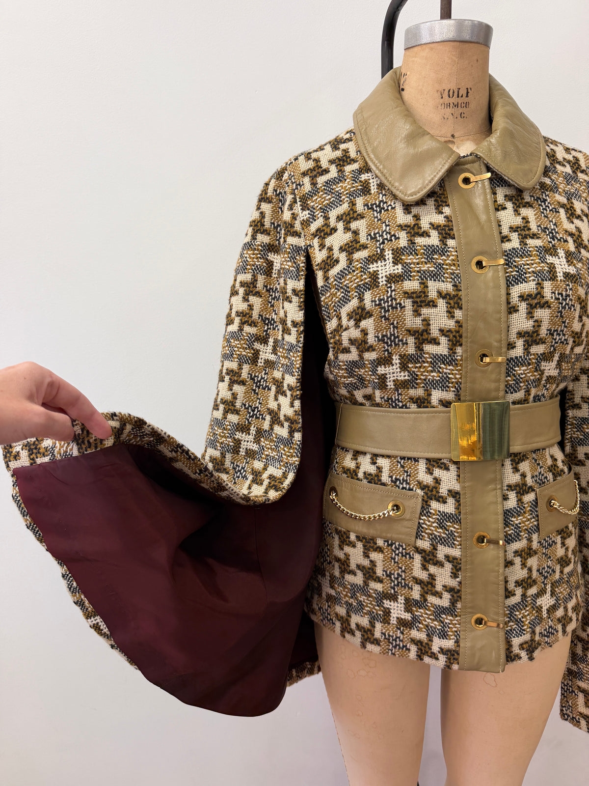 1960s Vintage Mod Wool Chain Belted Capelette Coat with Cape Over