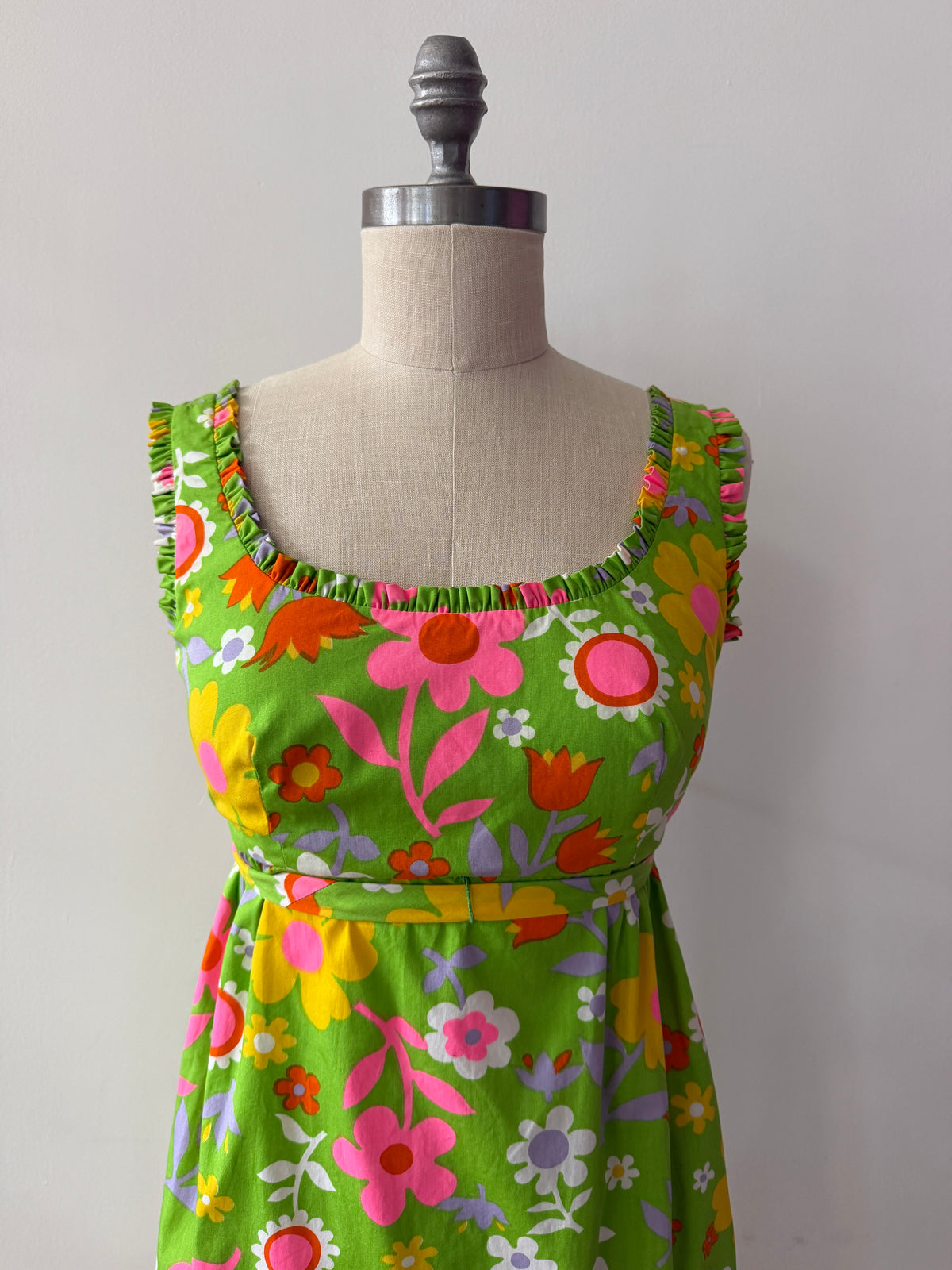 1960s Vintage Neon Flower Power Cotton Mini Dress by Lanz