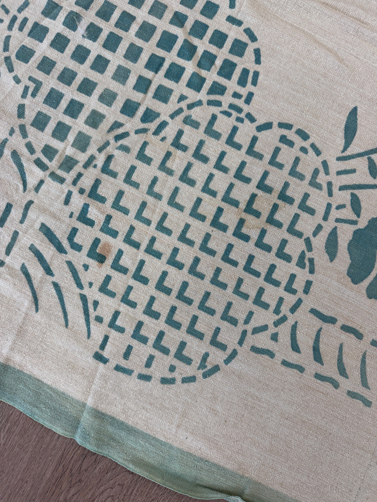 1940s - 1950s Vintage Indian Cotton Hand Block Printed Uncut Fabric Yardage - Cream / Robin's Egg Blue / Abstract Basket Florals - 80” x 96" (#9)