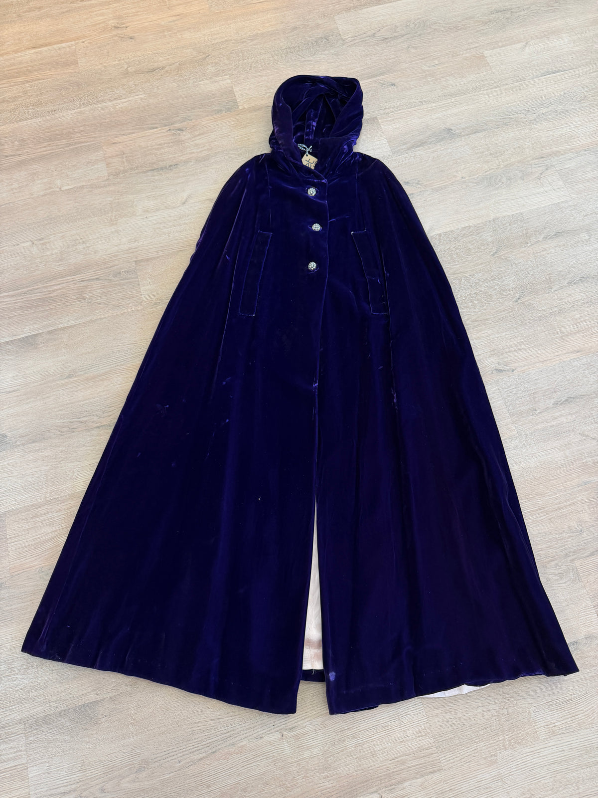 1950s - 1960s Vintage Deep Purple Velvet with Rhinestone Buttons Full Length Cape Cloak with Hood