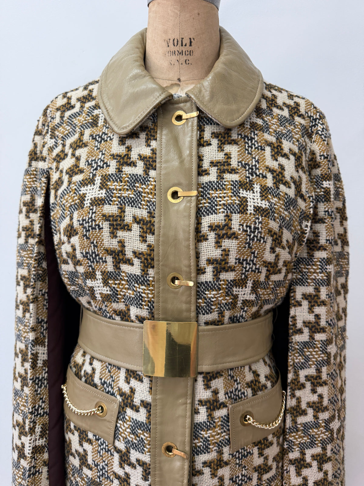 1960s Vintage Mod Wool Chain Belted Capelette Coat with Cape Over