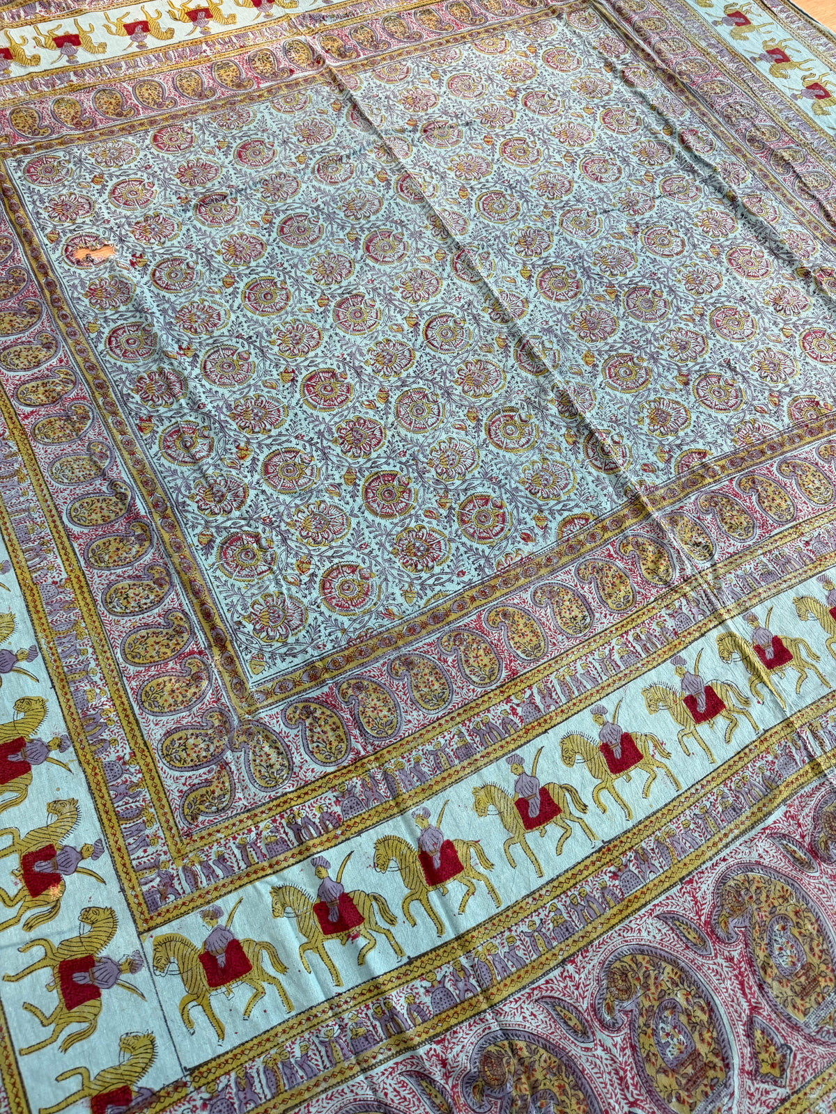 1970s Vintage Indian Cotton Hand Block Printed Uncut Fabric Yardage - Teal / Burgundy / Paisley / People / Horses Motifs -96" x 80" (#13)