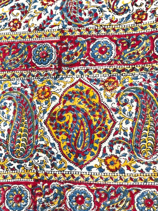 1970s Vintage Indian Cotton Hand Block Printed Uncut Fabric Yardage - Red / Yellow / Blue / Paisley - 98" x 64" (#5)