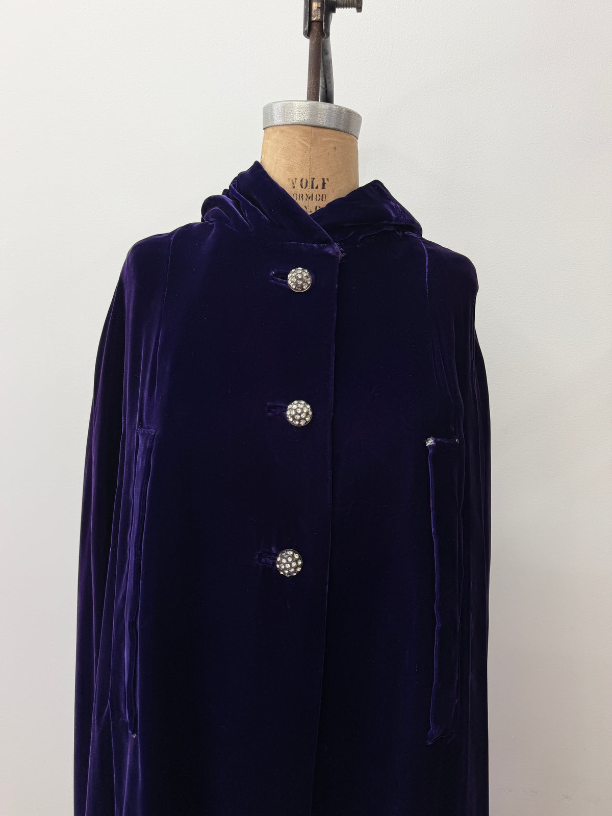 1950s - 1960s Vintage Deep Purple Velvet with Rhinestone Buttons Full Length Cape Cloak with Hood