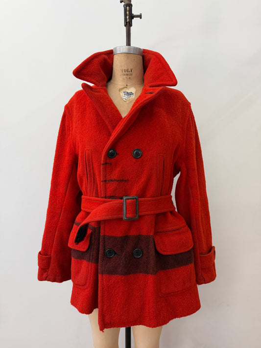1950s Vintage Hudson Bay Red and Back Point Stripe Blanket Jacket Coat
