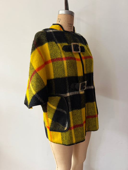 1960s Yellow Plaid Buckle Poncho Capelette by King of the Ponchos
