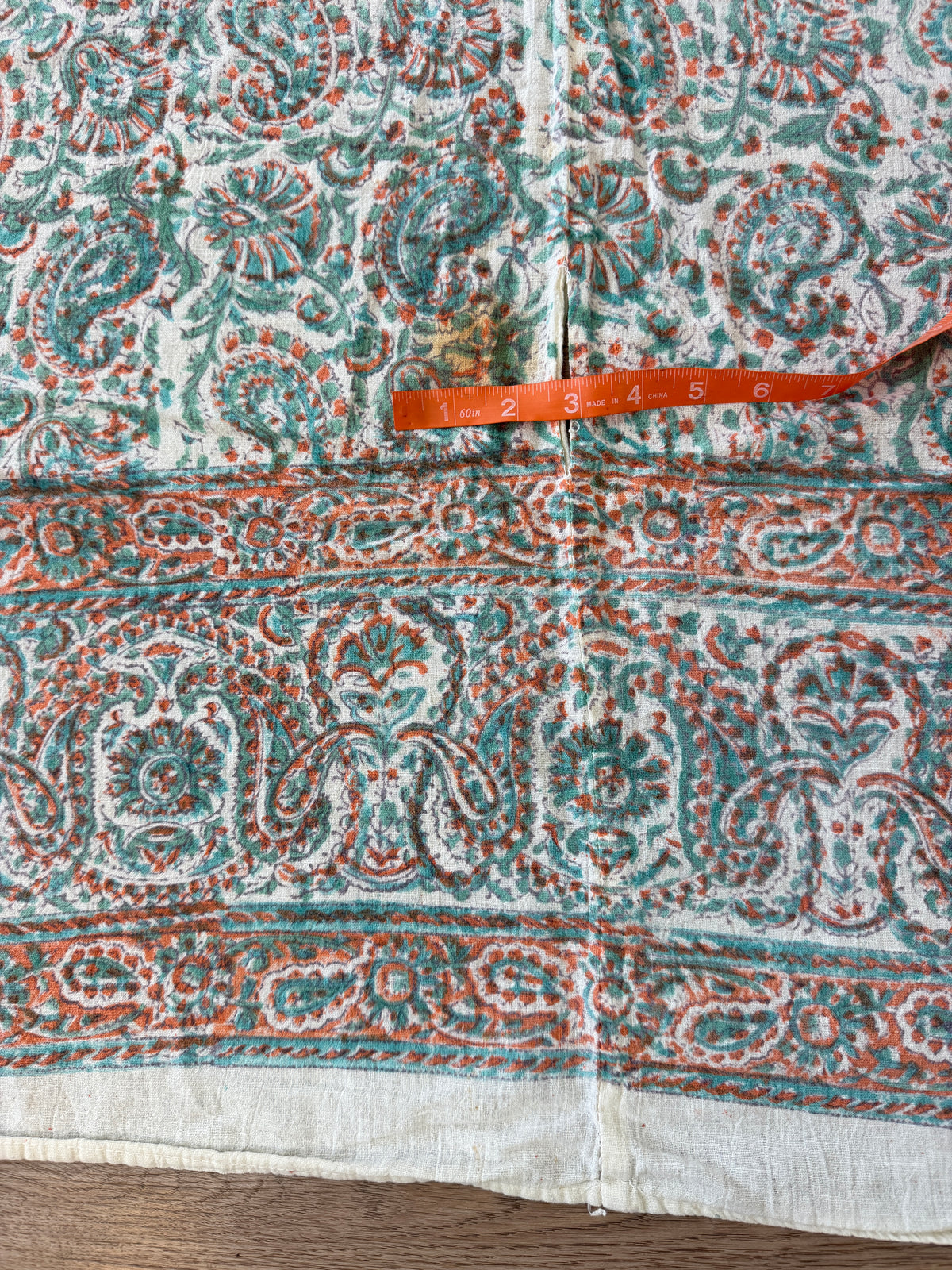 1970s Vintage Indian Cotton Hand Block Printed Uncut Fabric Yardage - Coral / Teal - 80" x 92" (#8)