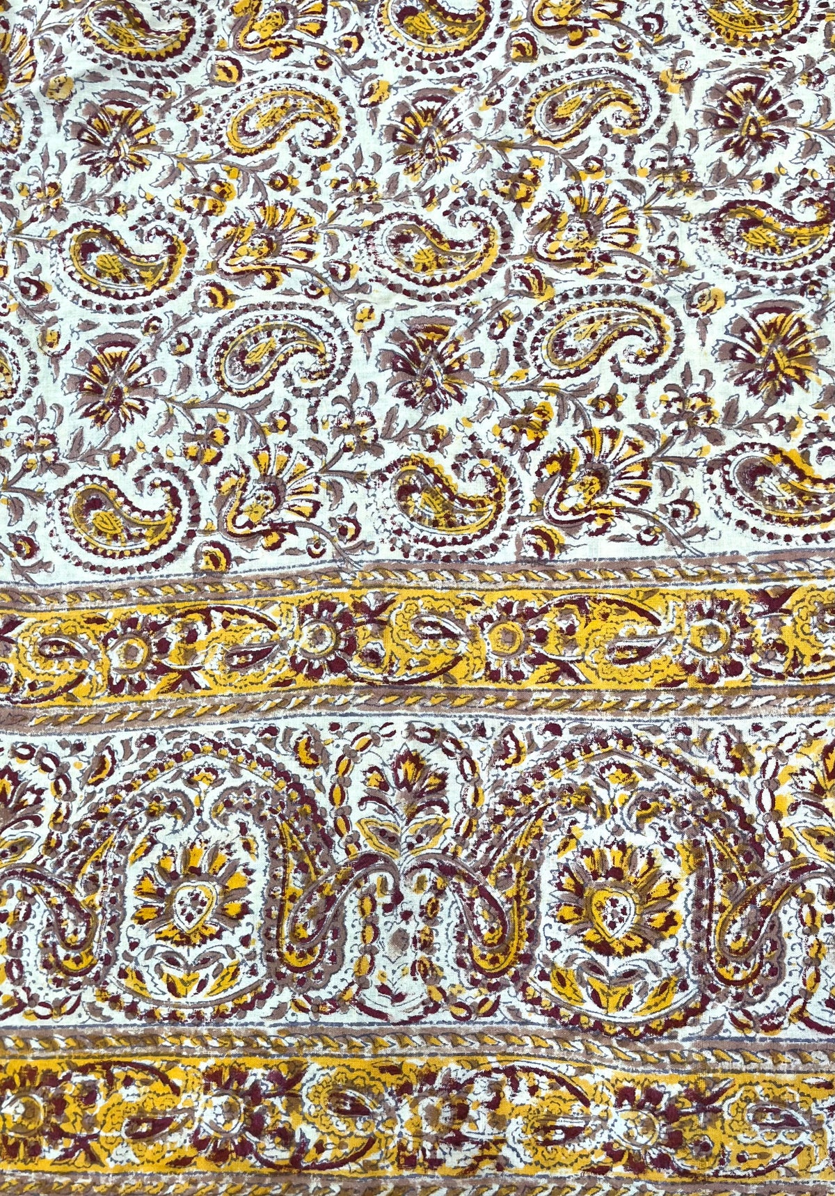 1970s Vintage Indian Cotton Hand Block Printed Uncut Fabric Yardage - Burgundy / Yellow / Paisley- 82" x 100" (#3)