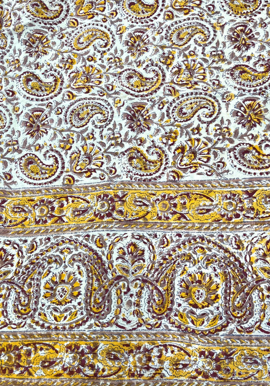 1970s Vintage Indian Cotton Hand Block Printed Uncut Fabric Yardage - Burgundy / Yellow / Paisley- 82" x 100" (#3)