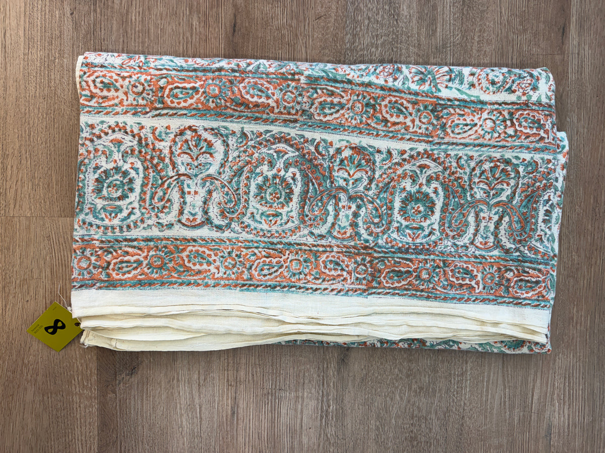1970s Vintage Indian Cotton Hand Block Printed Uncut Fabric Yardage - Coral / Teal - 80" x 92" (#8)