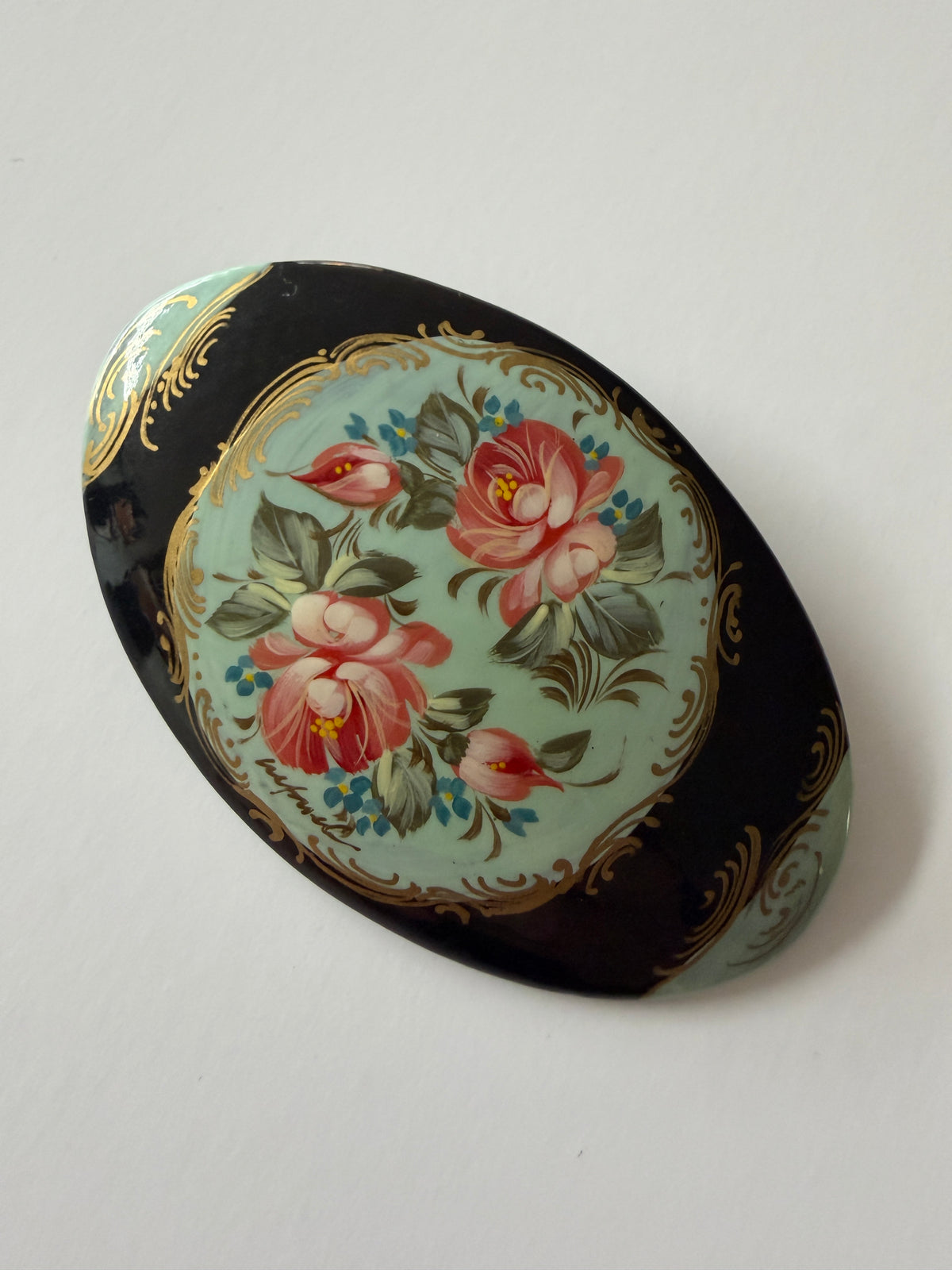 1990s Vintage Painted Wood Floral Oval Brooch