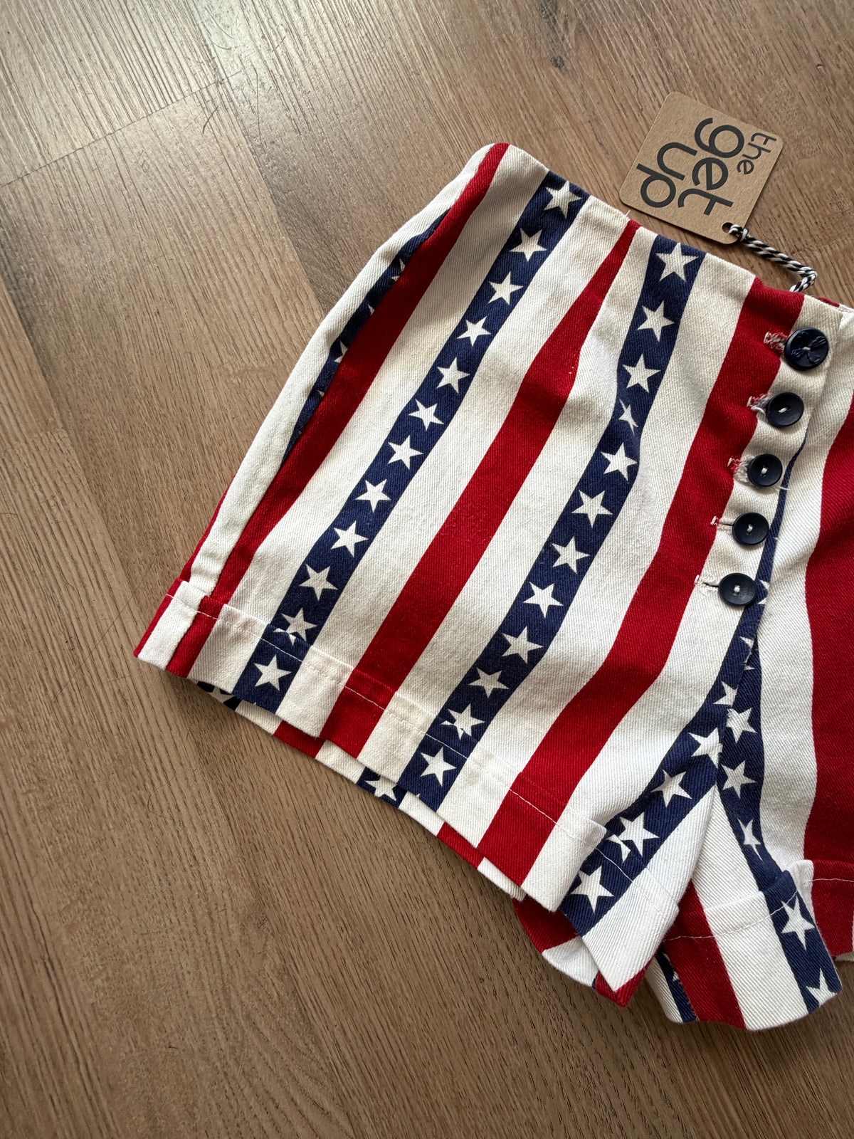 1970s Vintage Hand Sewn American Flag Stars & Stripes High Rise Cotton Shorts